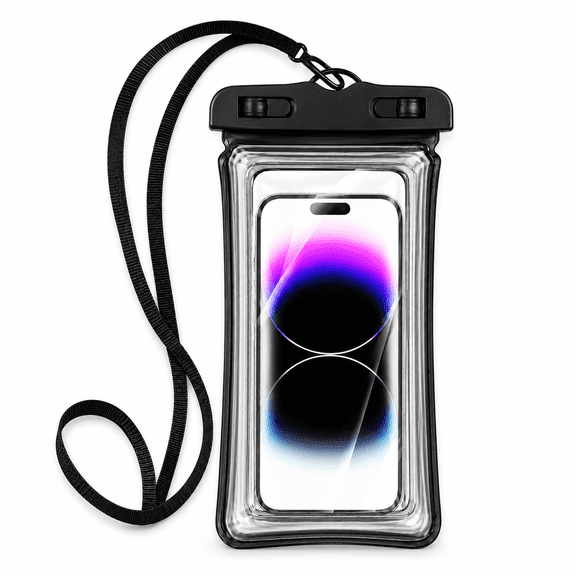 Floating Waterproof Phone Pouch with Airbag, High‑Clarity Sensitive Touch Screen Dry Bag, IPX8 Waterproof for Swimming Beach Rafting, Fits Smartphones up to 7.2 Inch with Lanyard, Black