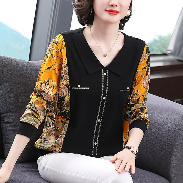 Otoño e invierno Nueva camiseta de manga larga de mamá con solapa Camisa de fondo de mediana edad y mayores Camiseta de estilo occidental de primavera y otoño
