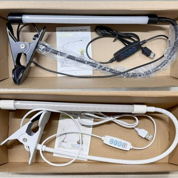 Lámpara de escritorio LED con pinza | Brillo ajustable de protección ocular | Alimentado por USB, 3 modos de color claro, brazo giratorio | ABS blanco, 15,3x10,6" | Luz de lectura pequeña de