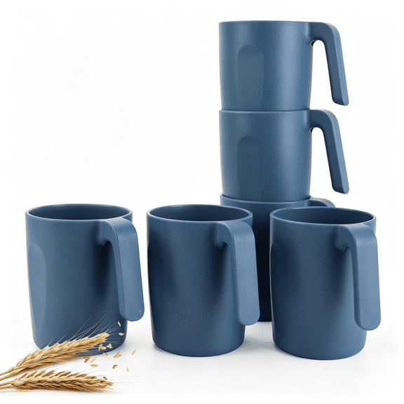 NORIZF 16Oz Wheat Straw Cups with Handles Set of 6-Plastic Cups Reusable-Unbreakable Kids Mugs-Dishwasher Safe & Microwave Safe-Ideal Plastic Mugs for Tea,Coffee,Camping,Rv-Navy Blue