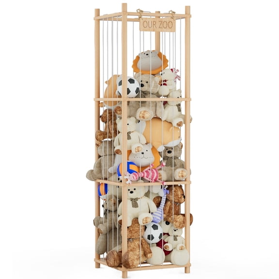 Stuffed Animal Storage Organizer, Wood Animals Zoo Toy Plushies Storage Holder, Large Capacity Plush Toy Cage for Playroom Organization, 15.7" Wide, Natural