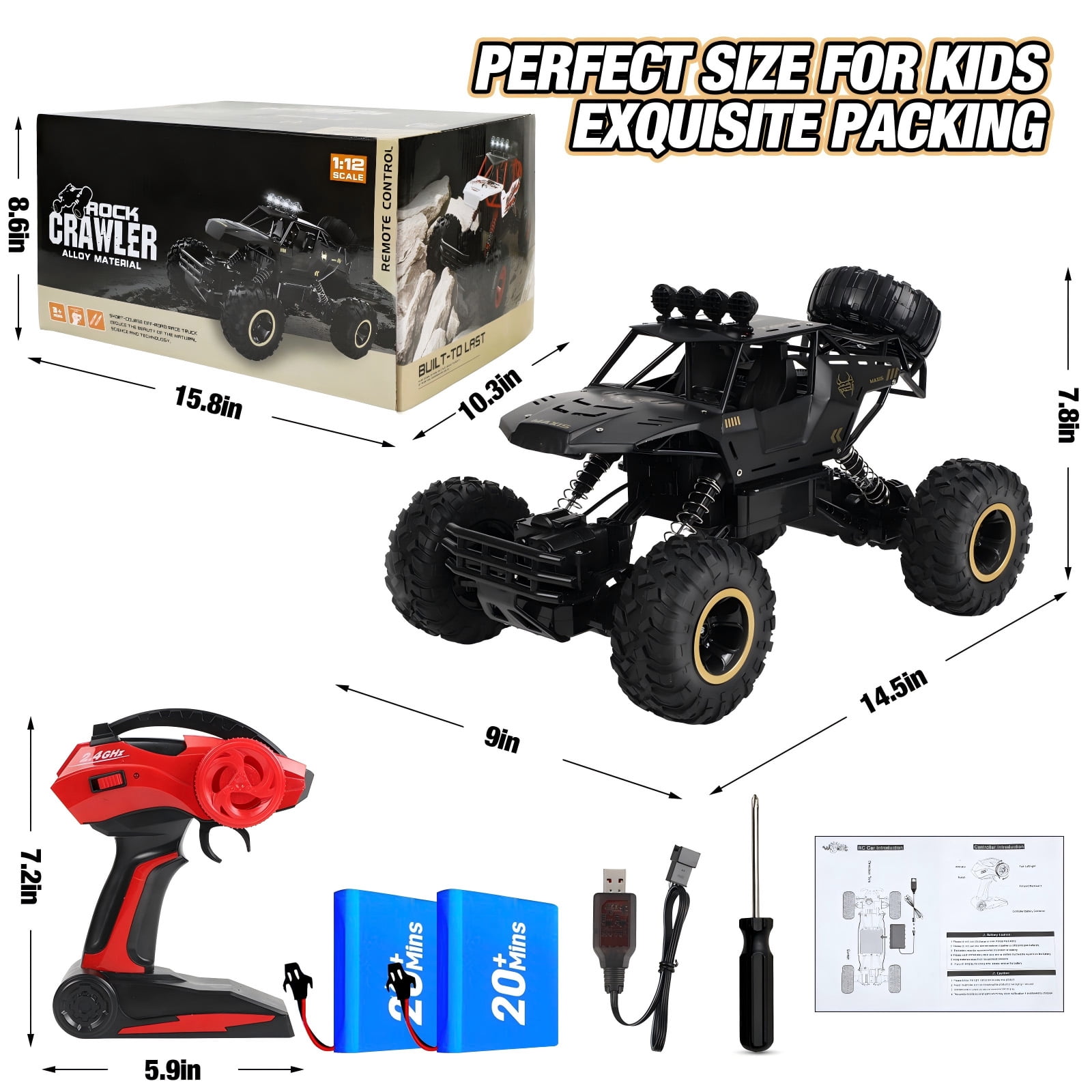 Wisairt 1:12 Large RC Cars, 4WD Large Remote Control Monster Truck 2.4 GHz Alloy RC Cars for Kids Adults Aged 6 + Birthday Gifts (Black)