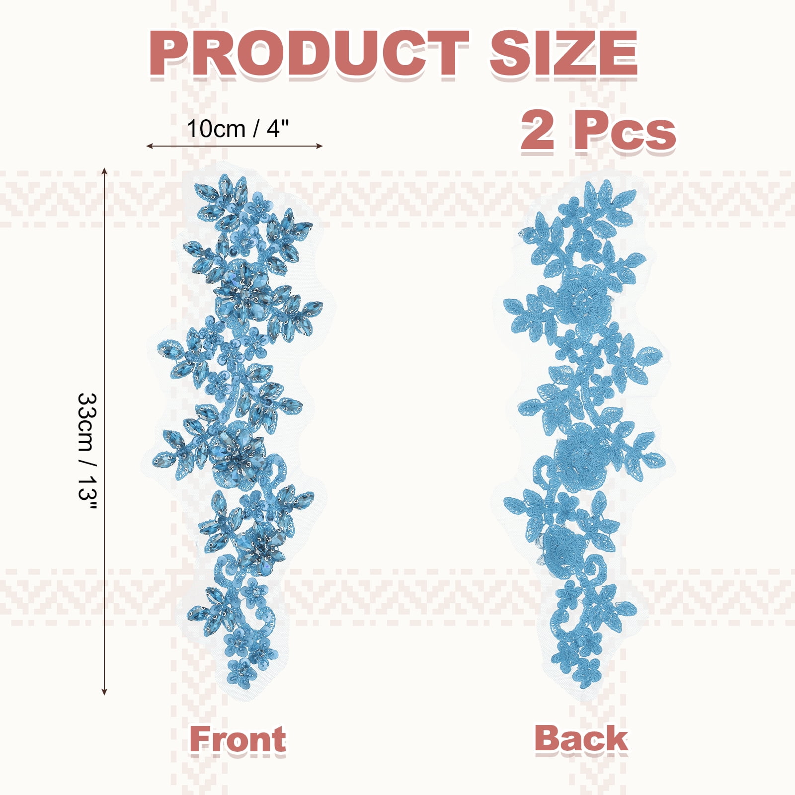 Uxcell 2Pack Rhinestone Applique Patches, 13x4Inches Light Blue Lace Embroidery Patches Sew on Rhinestone Beaded Sequins for Sewing Making Dresses Wedding Banquet Evening Gown Decoration