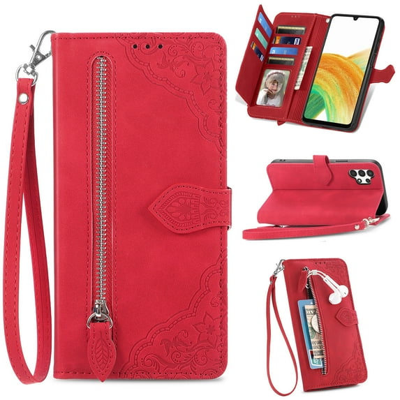 Allytech Compatible with Galaxy A14 5G Wallet Case Embossed Pattern, Flip Folio Stand Case with Card Slots and Detachable Hand Strap PU Leather Case for Samsung Galaxy A14 5G 2023 (6.6"), Red
