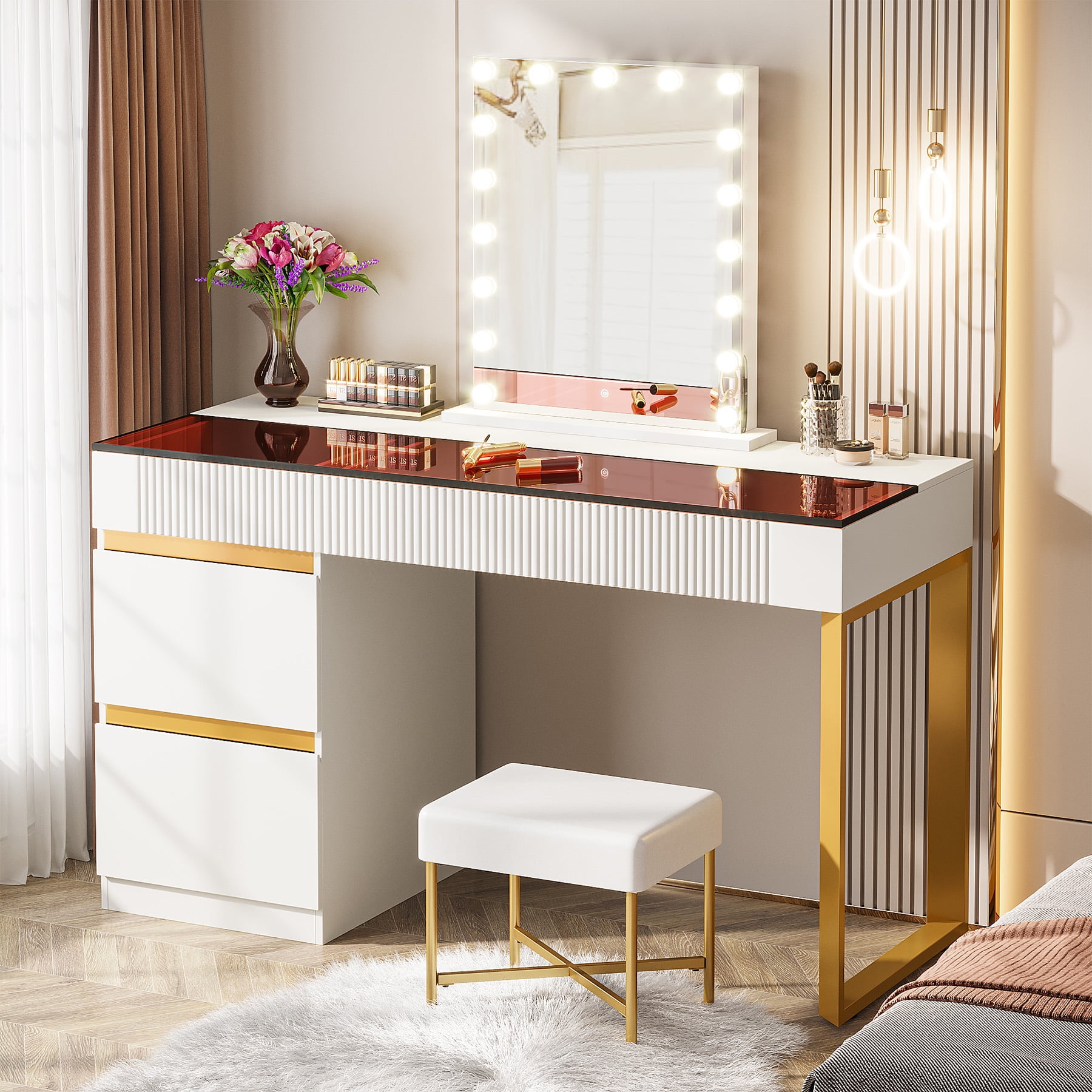 Tribesigns Modern Writing Desk Computer Desk with 4 Drawers, Makeup Vanity Desk with Visual Glass Top for Home Office