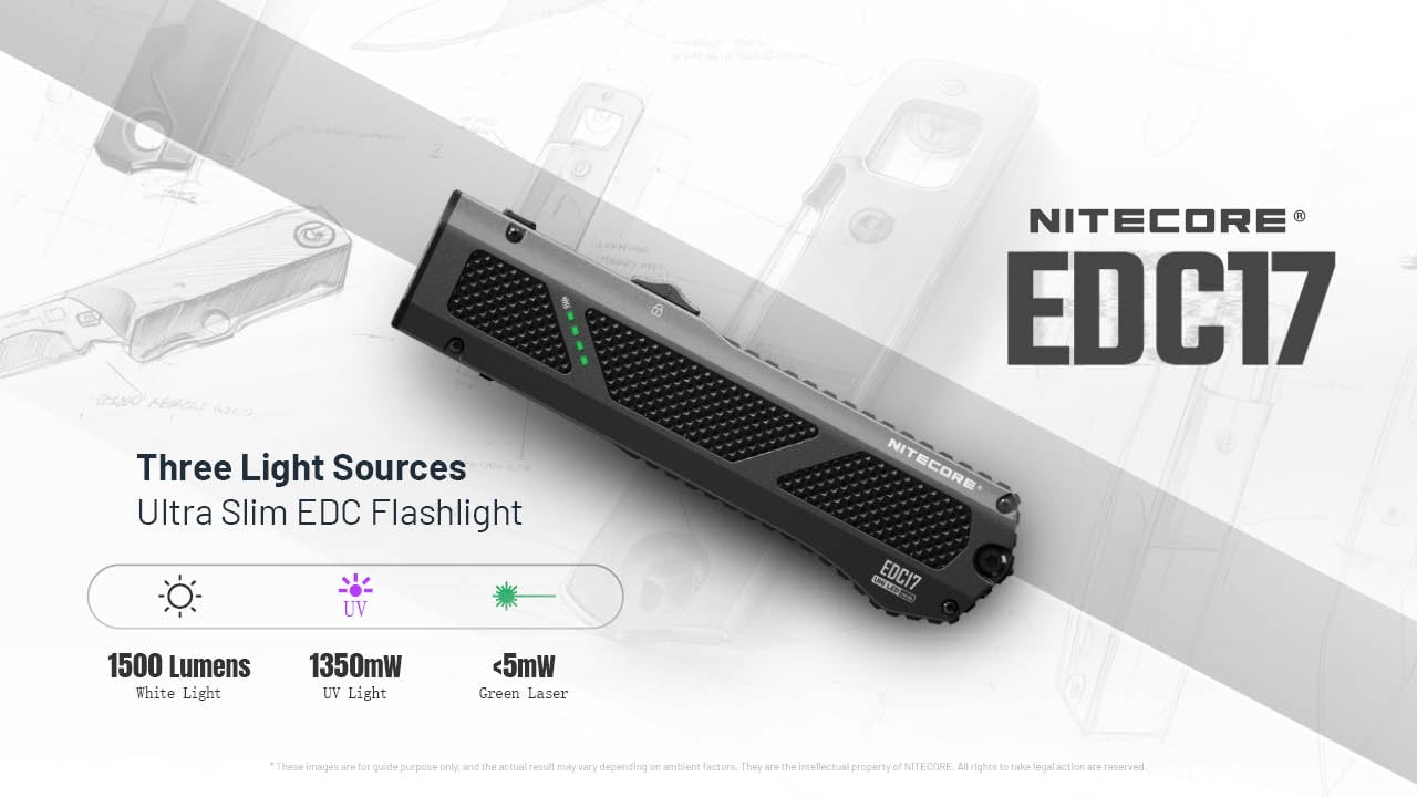 Nitecore EDC17 1500 Lumen Rechargeable EDC Flat Flashlight with White LED, UV, and Green Laser + Sticker
