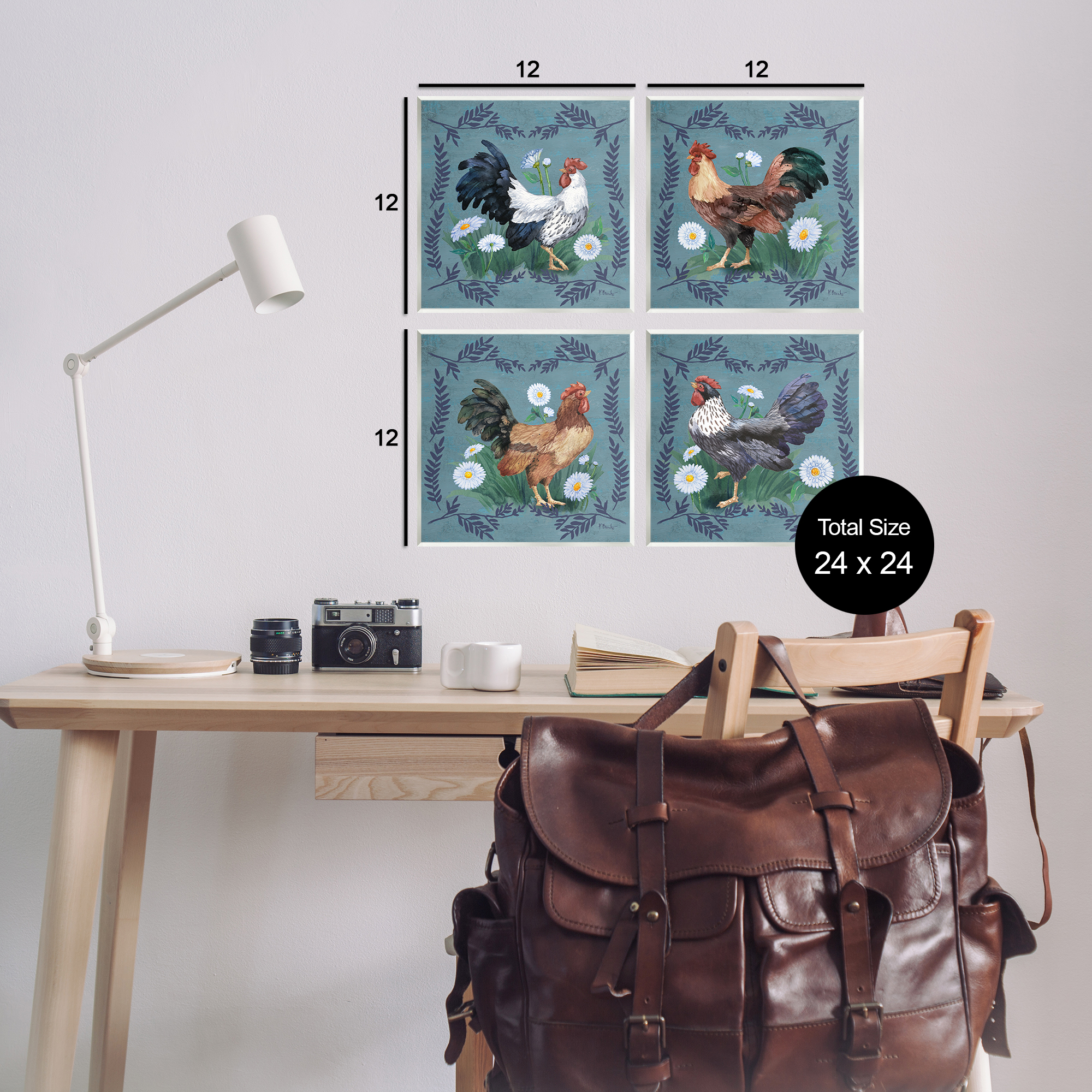 Stupell Industries Country Ferns & Roosters Animals Painting Unframed Art Print Wall Art, 12 x 12, Set of 4