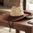 thumbnail image 5 of Unisex Adult Straw Cowboy Hat Small Brim Western Rope Decor Adjustable Chin Strap Summer Cap for Outdoor Travel and Vacation and Beach Trips Coffee One Size, 5 of 5