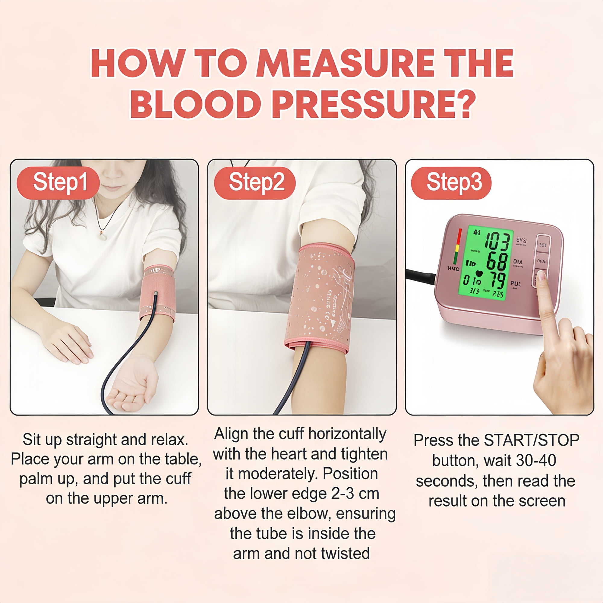 Automatic Blood Pressure Monitor, Upper Arm BP Machine with One-Touch Operation & Adjustable Cuff (8.7-16.5 Inches), High-Definition LCD Screen Digital BP Monitor for Home Use, Pink
