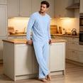thumbnail image 4 of Mens Pajamas Set 2 Piece Solid Pjs Sets Crewneck Loungewear Sleepwear Summer Fall Homewear Long Sleeve Tops and Long Pants with Pocket Sky Blue M, 4 of 6