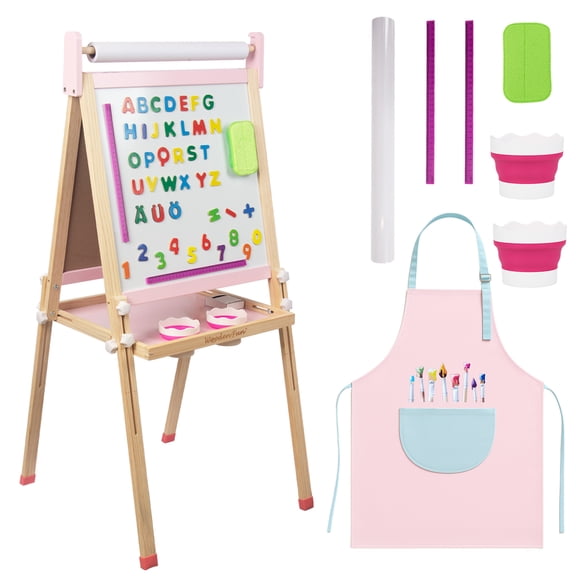 Kids Wooden Easel with Paper Roll, Adjustable Magnetic Double Sided Drawing Board Whiteboard & Chalkboard Dry Easel Board, Children Art Easel for 3-12 Years Kids Boys Girls Painting Drawing