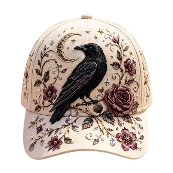 HOZVOMI Gothic Raven Moon Embroidered Baseball Cap for Women, Vintage Floral Adjustable Hat with Mystical Bird Design, Casual Outdoor Fashion Accessory