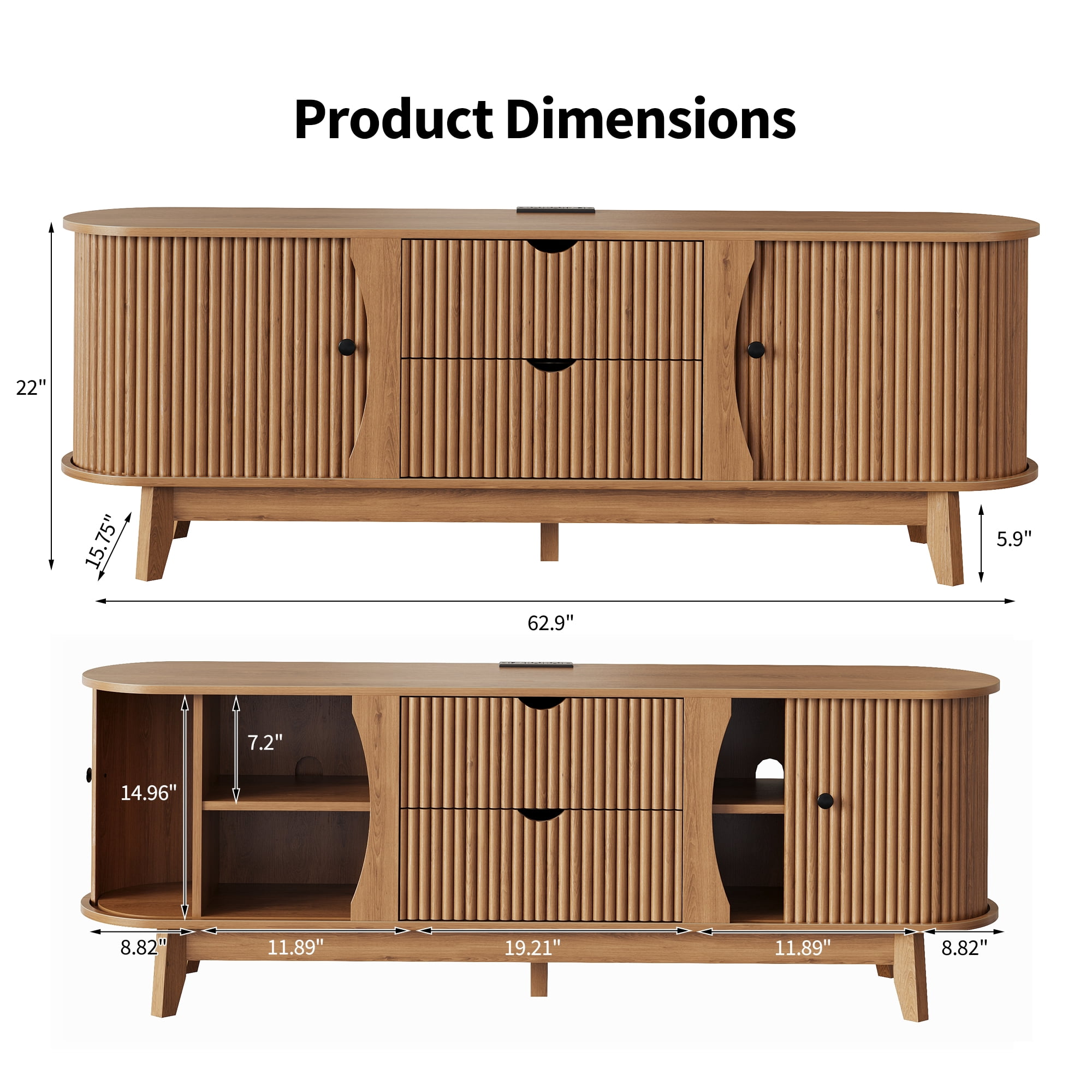 Garvee 63" Fluted TV Stand for TVs Up to 70 Inch, Modern Entertainment Center with Power Outlet, 2 Drawers, Side Cabinets with Adjustable Shelves, Curved Media Console Table for Living Room, Walnut