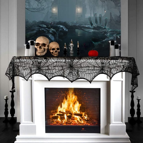Vorkoi Halloween Cobweb Fireplace Scarf, Black Lace Spiderweb Mantle Scarf for Halloween Home Party Supplies, 18 x 96 inch