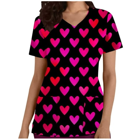 

CYMMPU Women s V-Neck Pocketed Scrub_Tops Nurse Workwear Uniform Clearance Going out Tops Summer Tees Short Sleeve Shirts Trendy Valentine s Day Tunic Love Heart Printing Fashion Tshirts Hot Pink XL
