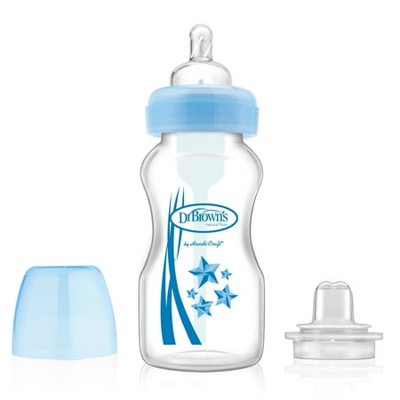 - Dr. Brown's Wide-Neck Options Baby Bottles, 2-in-1 Transition Bottle Kit, 9 ounce, Blue