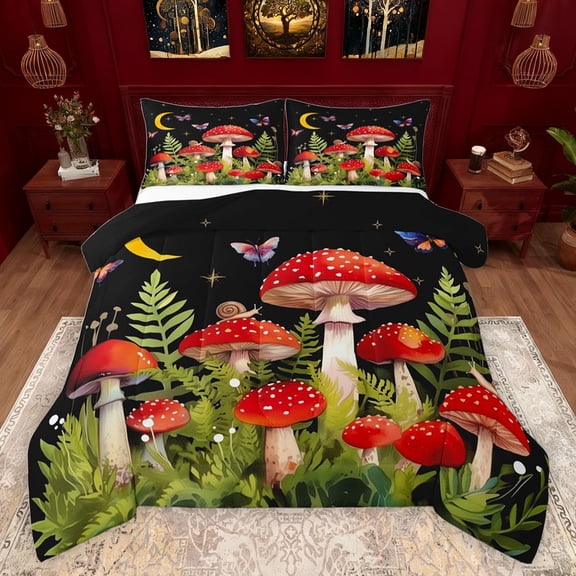 jejeloiu Red Mushroom Fungus Bedding Comforter Set,Rustic Plants Leaves Twin Comforter Sets,Red Green Black Bedding Set For Girl,Luxury Bedroom Decor Reversible,2-Piece