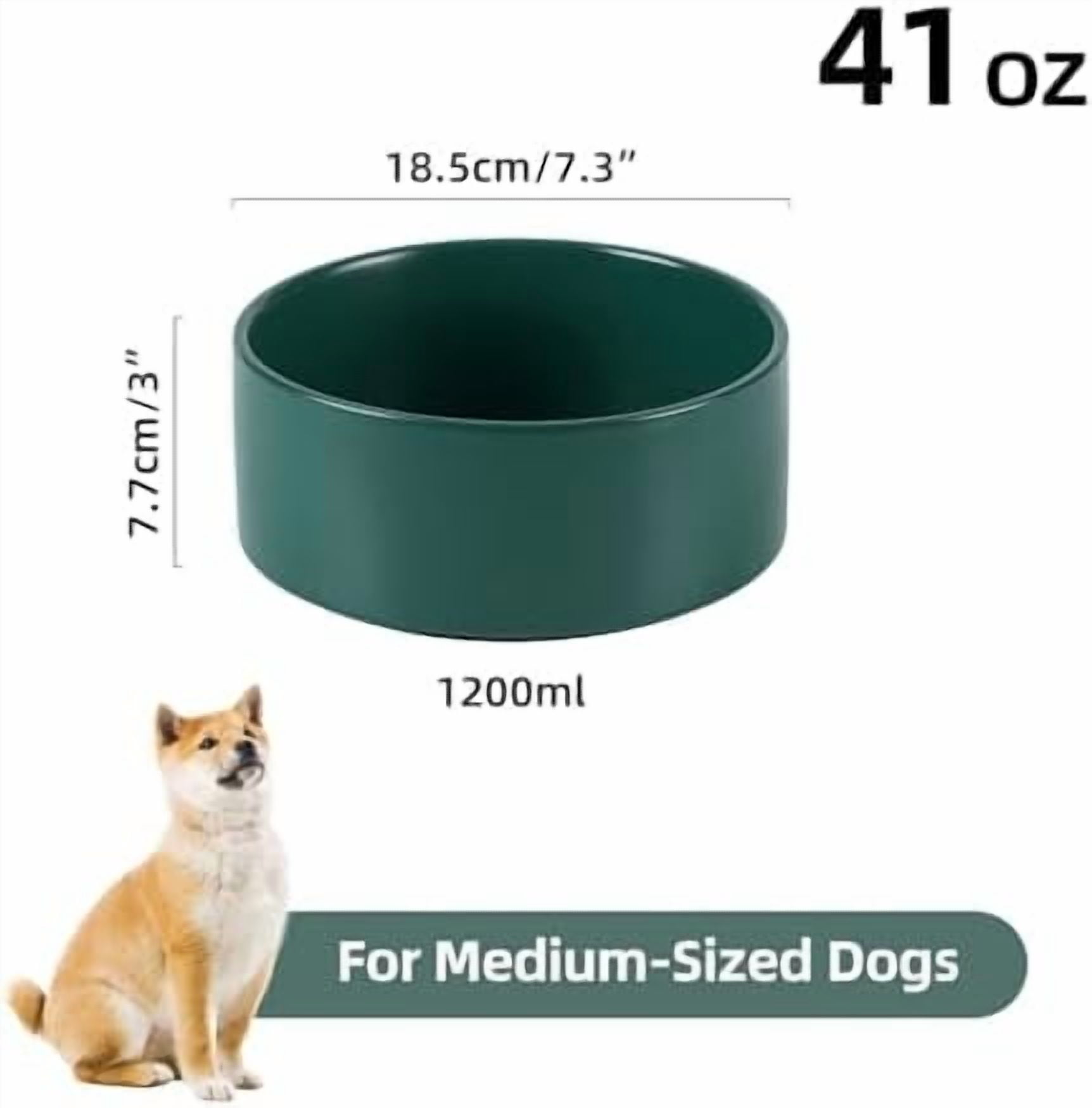 Ceramic Dog Bowl, Food and Water Bowl for Medium Breed Dog, Pet Bowl for Replacement (7.3 inch, Single Bowl, Green)