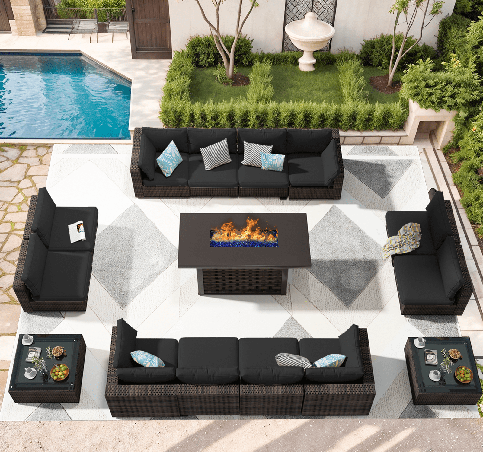 Grezone Patio Furniture Sets 15 Pieces Sectional Outdoor Furniture Sofa Chairs Set All Weather PE Rattan Wicker Couch Conversation Set Black