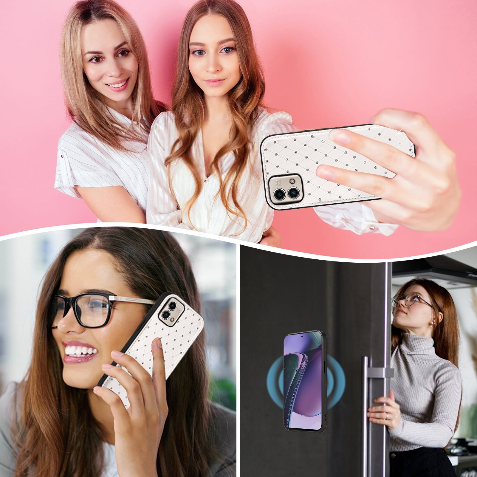 Asuwish Phone Case for Motorola Moto G Stylus 5G 2023 Zipper Wallet Detachable Cell Cover with Tempered Glass Screen Protector Crossbody Lanyard Strap Bling Glitter Flip Card Holder Slot Women White