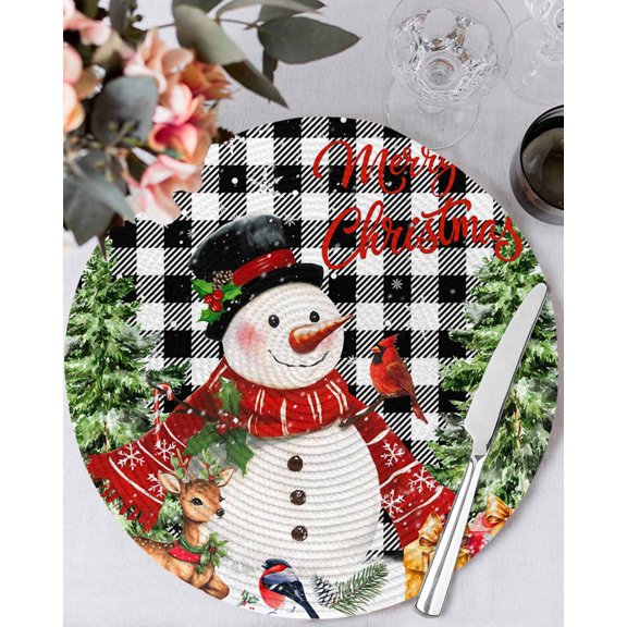 13 Inch Round Placemats Set of 6, Christmas Snowman Non Slip Heat Insulation PP Table Mats, Black Plaid Xmas Tree Elk Gifts Snowflake Washable Place Mats for Kitchen Dining Party Table Decor