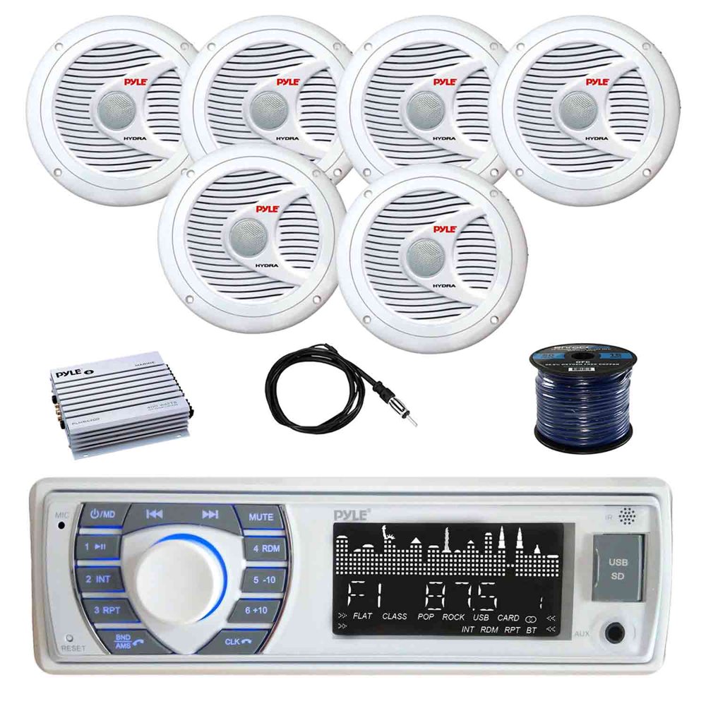 Pyle PLRMR23BTW BT Marine Receiver Stereo w/Pyle PLMR60W 150W 6.5" 2