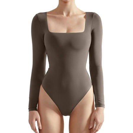 Women Square Neck Long Sleeve Bodysuit Sexy Thong Bodysuit Shirts