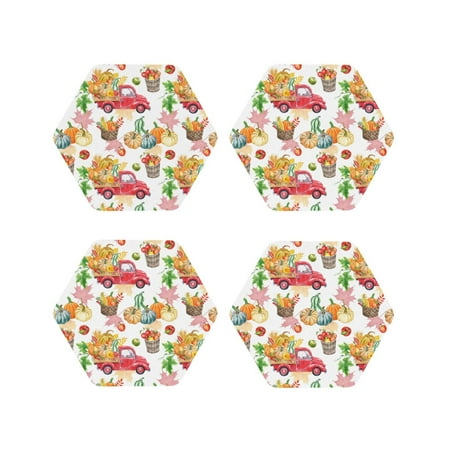 

Honeii Fall harvest truck pumpkin Print Leather Coaster Set of 4 Ideal for Safeguarding Your Furniture from Drinks Spills and Effortless Cleanup-Hexagon
