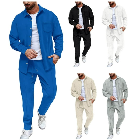safuny Men's Waffle Sweat Suit 2 Piece Out Casual Sports Jacket Jogging Tracksuits Set Spring Outfits Pockets Cotton Black L