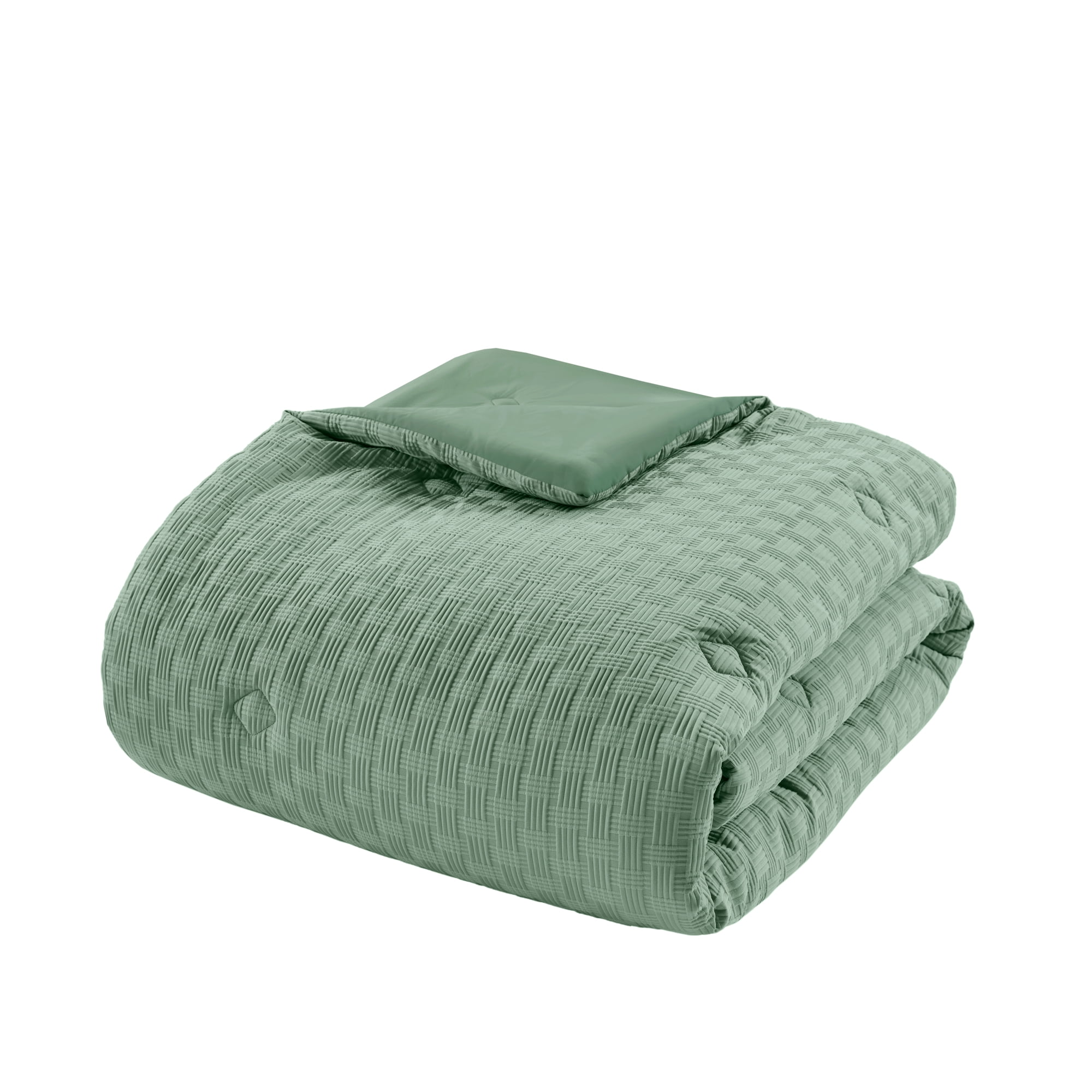 Mainstays Reversible 11-Piece Bed-in-a-Bag Comforter Set with Sheets, Full, Green Basketweave