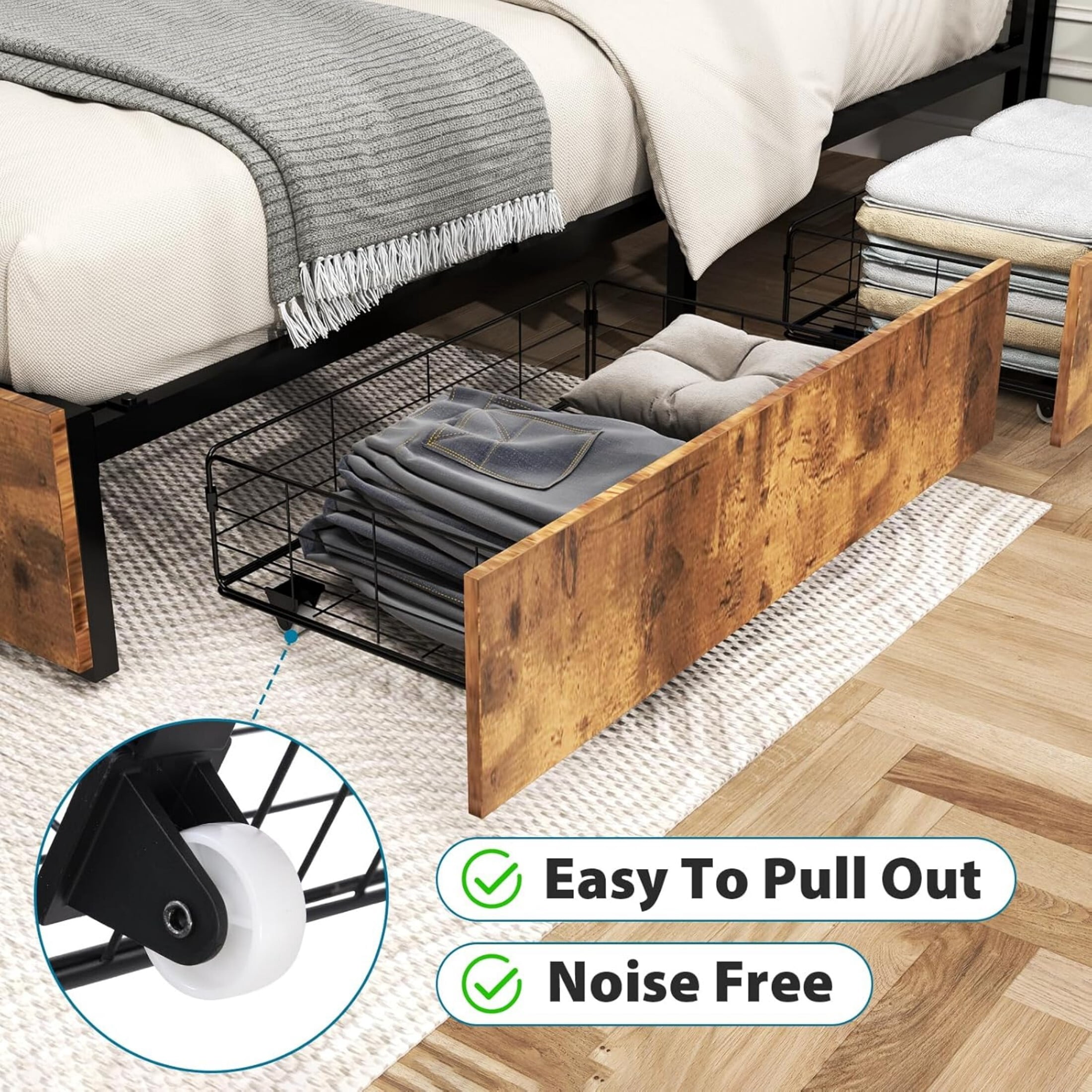 AENKYO Queen Size Bed Frame with LED Lights and Charging Station, Bed with 4 Drawers, Rustic Brown