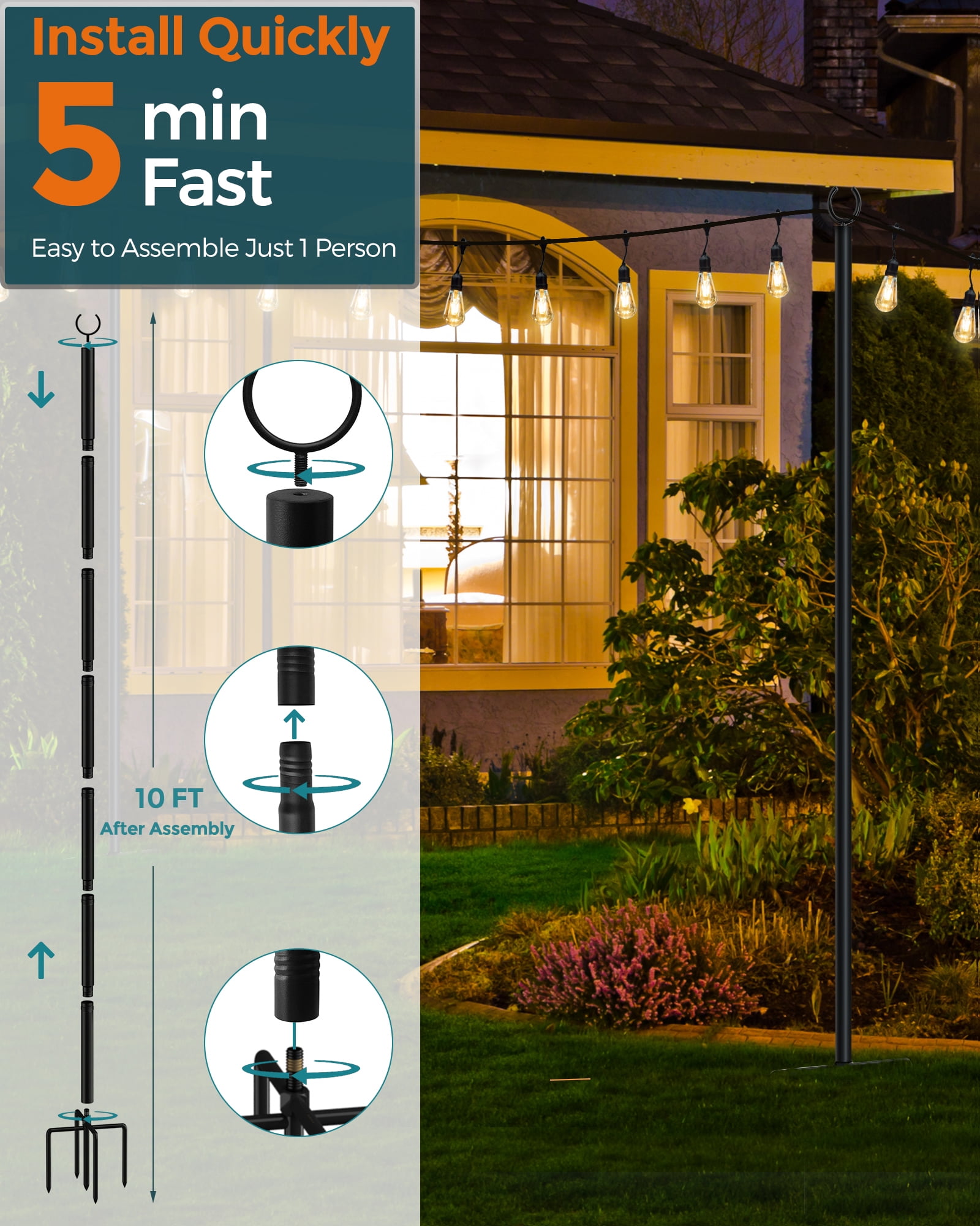Outdoor String Light Poles 4 Pack, Heavy Duty String Light Poles for Outside with 5 Prong Base and Adjustable Height, Perfect for Backyard, Patio, Garden, Fence and Party Decor FLP04B