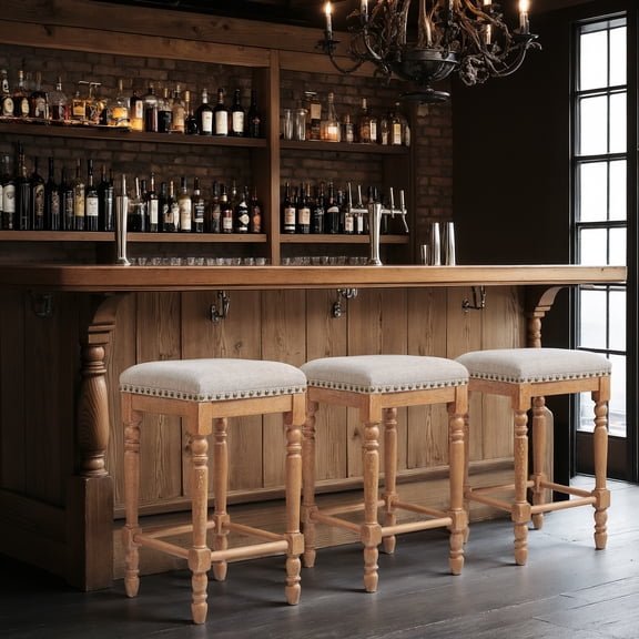 DyFun Bar Stools Set of 2, Counter Height, Linen Upholstered with Nailhead Trim, Rustic Solid Wood Frame for Kitchen & Home Bar