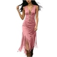 thumbnail image 2 of Karymi Faux Suede Midi Bodycon Dress, Sleeveless U Neck Front Zip V Hem Fringe Western Cowgirl Party Dress Spring Dresses for Women, 2 of 5
