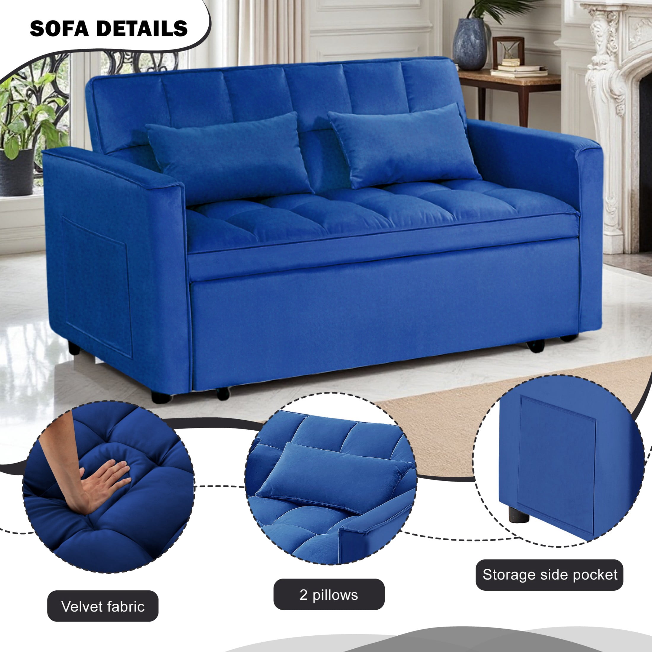 Gewnee 54" Modern Convertible Velvet Futon Sofa Bed with Pull-Out Sleeper and Adjustable Backrest, Loveseat Couch for Living Room or Office (Blue)