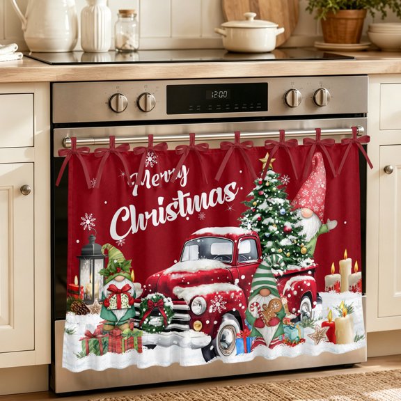 Red Truck Christmas Oven Curtain with Tie Top,Oven Skirt Curtain for Kitchen,Gnomes Xmas Tree Snowflake Gifts Under OvenCover Panel for Dust & Grease,Apartment RV Cabinet Curtains 30''x21.5''