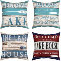 Lake Throw Pillow Covers for Couch Sofa Bed, Set of 4 Wood Grain Lake Theme Decorative Pillows Cushion Covers,Farmhouse Blue Red Pillow Inserts Not Included, 18x18 inch