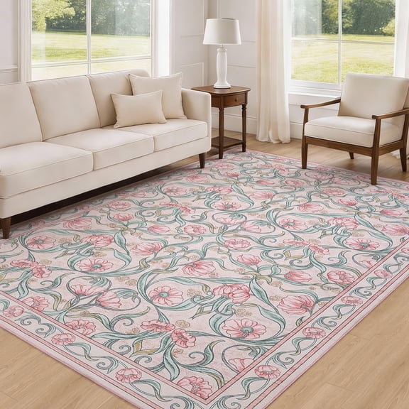 5'X7' Washable Floral Pattern Area Rug, Soft Pearl Velvet Carpet, Non-Slip Low-Pile Stain Resistant Rug for Bedroom, Living Room, Dining Room, Pink