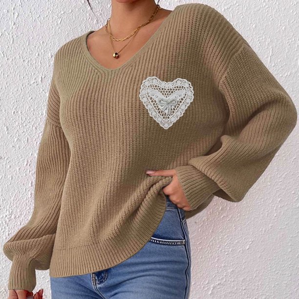 Heisall Women's Sweaters Autumn Winter Casual Loose Pullover V-Neck Lace Bow Knot Appliqué Tops