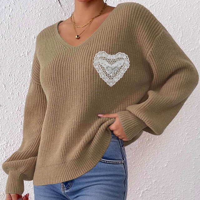 Heisall Women's Sweaters Autumn Winter Casual Loose Pullover V-Neck Lace Bow Knot Appliqué Tops