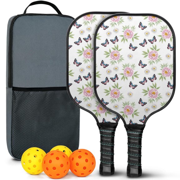 Pickleball Paddles Set,Pioneer Flower Floral Print Pattern Fiberglass Surface Pickleball Racket Set with 2 Indoor Outdoor Pickleball Balls and Pickleball Bag,Pickle-ball Equipment