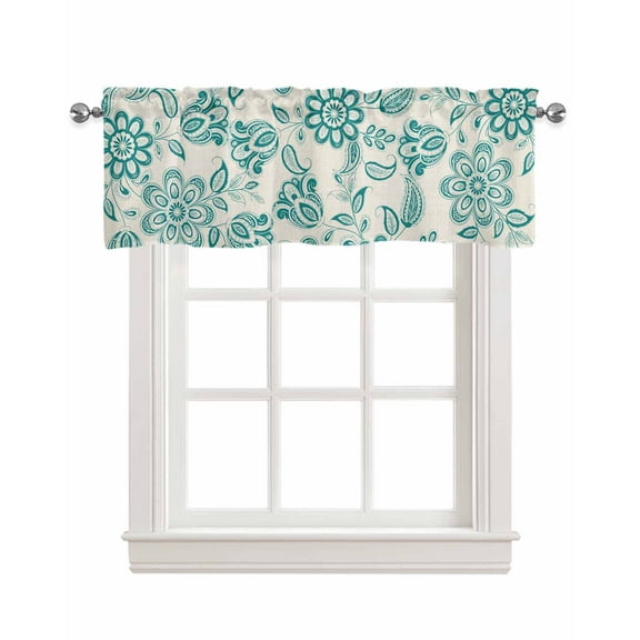 Teal Flowers Kitchen Valances for Windows Farmhouse Linen Window Valance Curtain for Living Room Window Treatment Vintage Ethnic Tribe Country Farmhouse Valance Rod Pocket Topper Drape, 42 x 18 Inch