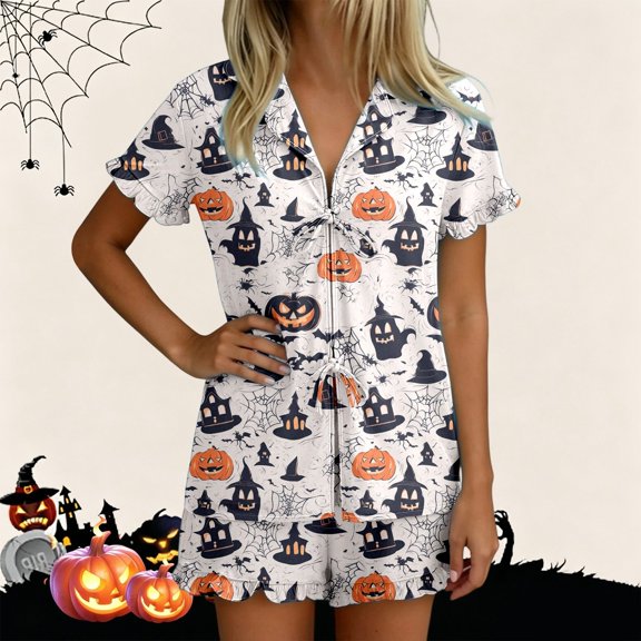 Womens Halloween Pajamas Festive Sleepwear Short Sleeve Sleepwear Set Top with Shorts Breathable Wear Womens Pajama Set White XXL