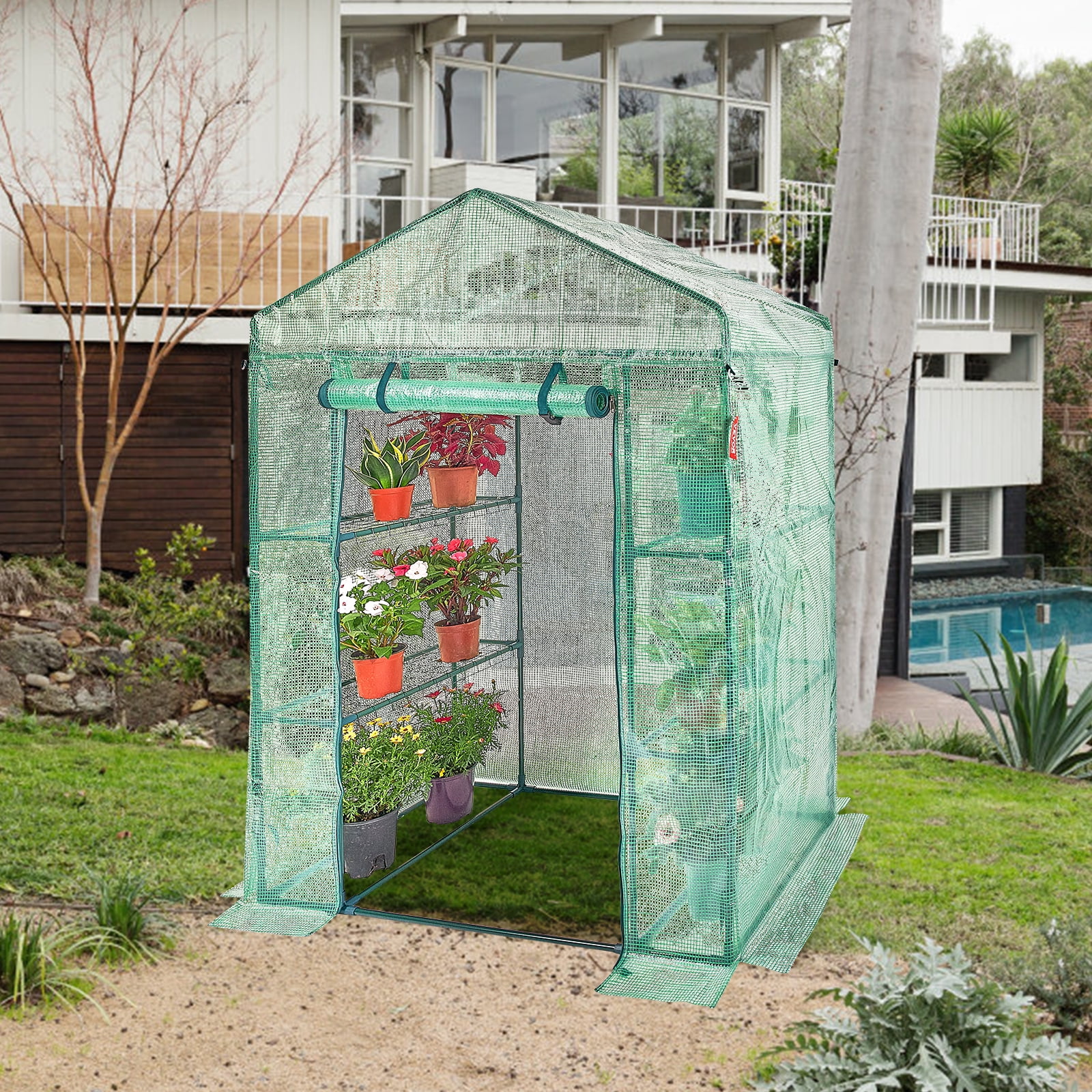 VEVOR 56.4x28.8x78'' Mini Walk-in Green House Garden 3 Tier 6 Shelves Movable Plant Greenhouse Indoor Outdoor Portable Plant Gardening Canopy, W/ Roll-up Zipper Entry Door