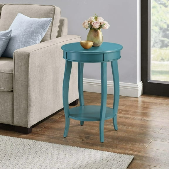 Teal Round Side Table with Bottom Shelf for Neat Storage