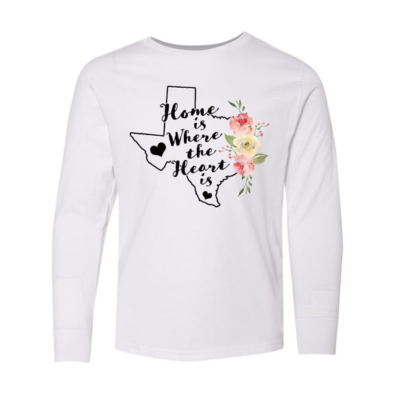 Inktastic Texas Home is Where The Heart is with Watercolor Floral Long Sleeve Youth T-Shirt