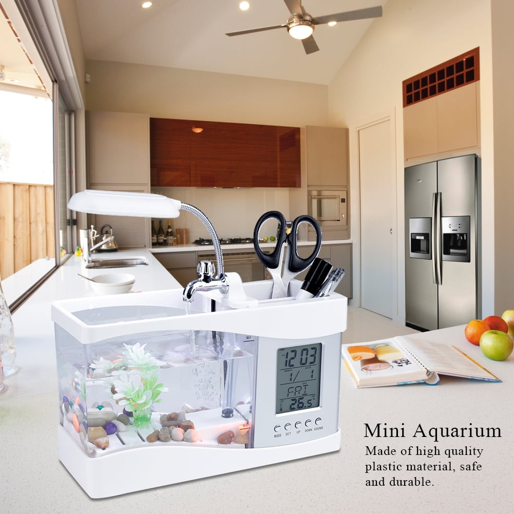 Plastic Multifunctional Fish Tank Clock Combo, USB Rechargeable Fish Tank Pen Holder, For Office