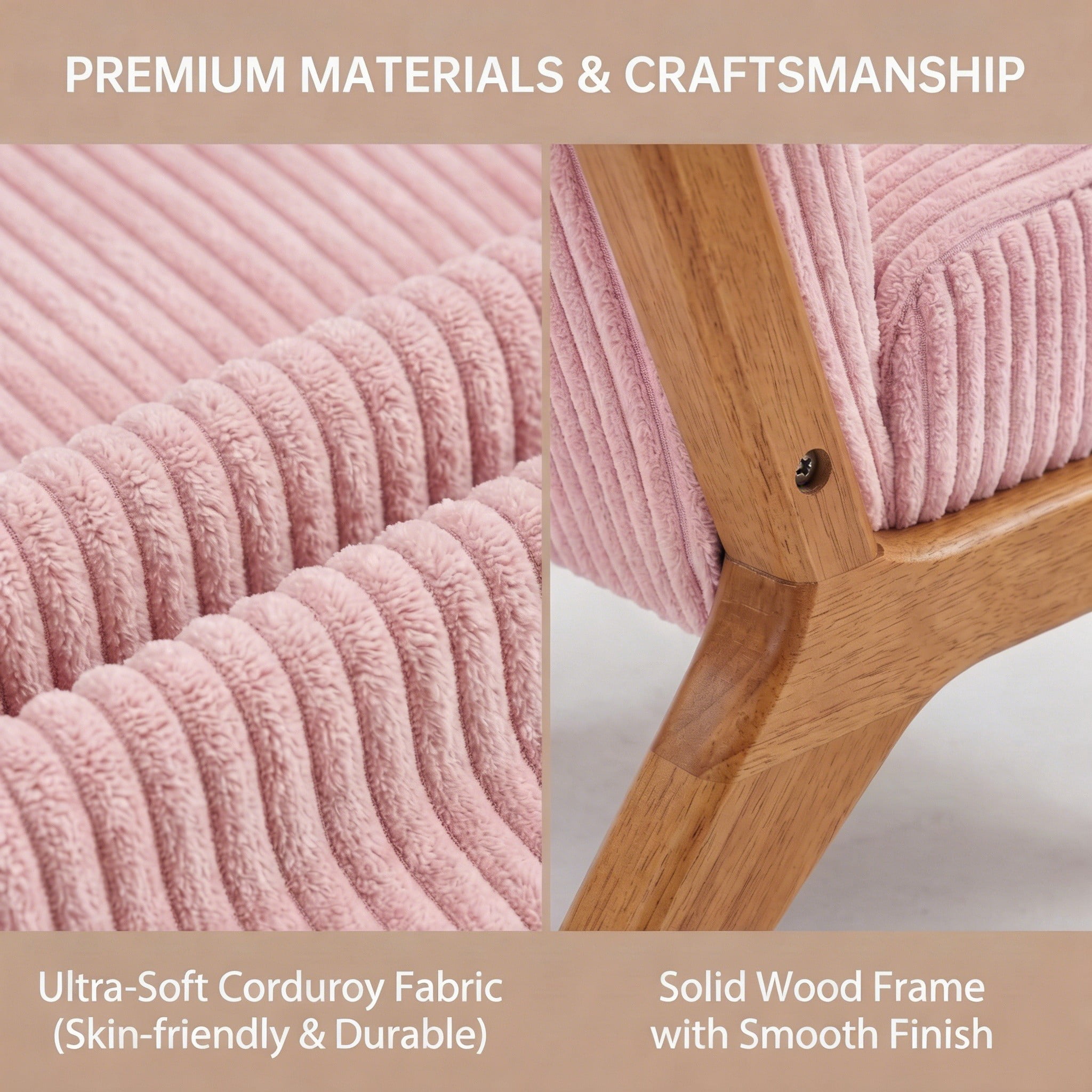 Mid-Century Modern Corduroy Accent Chair with Solid Wood Frame & Lumbar Pillow, Pink
