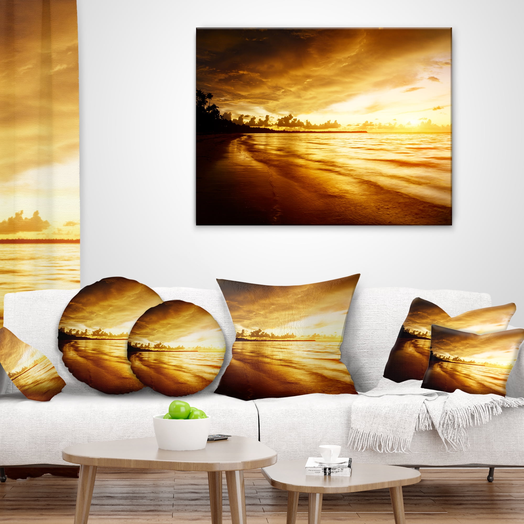 Designart Fascinating Caribbean Beach in Yellow - Seascape Throw Pillow - 16x16