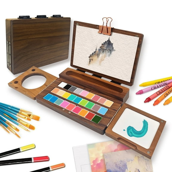 Watercolor Travel Palette 27 Grids Foldable Magnetic Closure Design Travel Watercolor Palette, Portable Walnut Wood Palette Box for Painting